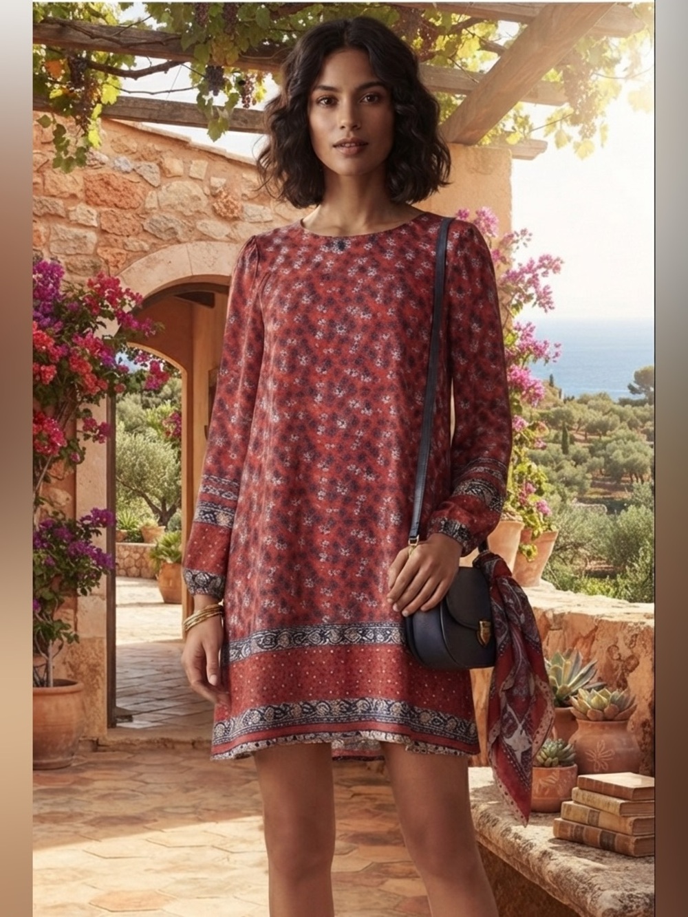 LOFT Red Floral Long-Sleeve Border-Print Swing Dress